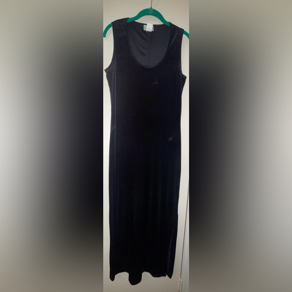Black Velvet Maxi Vintage Sheath Dress with Satin Neck and Arm Holes